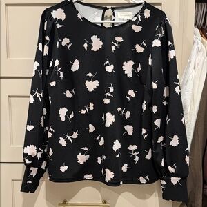 MELLODAY Black Blouse with Pale Pink Floral Print work shirt
